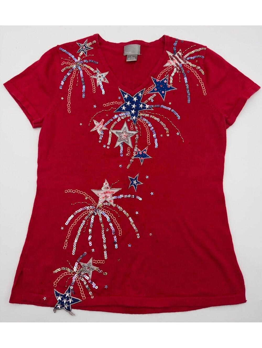 Berek Womens Knit Firework Beaded Sweater Sequins Size Small Red 4th of July